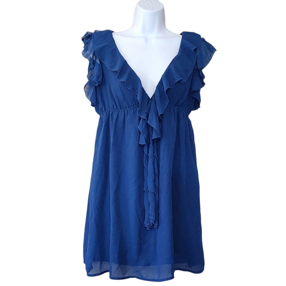 Poetry Womens Tunic Mini Dress Size S Blue Ruffle V-Neck Empire Waist Chiffon